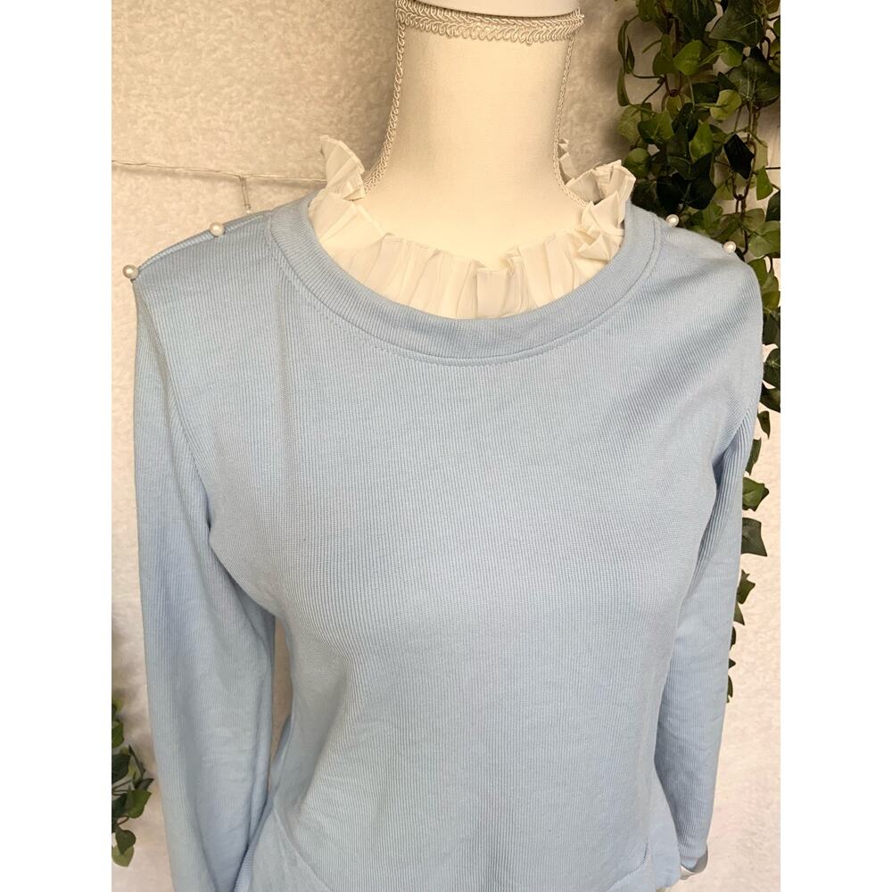 NWT CBR Blue Ruffled Collar Beaded with Bows Long Sleeved Blouse Women's Large - Picture 5 of 11
